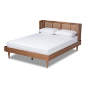 Baxton Studio Rina Mid-Century Modern Ash Wanut Finished Wood and Synthetic Rattan Queen Size Platform Bed with Wrap-Around Headboard